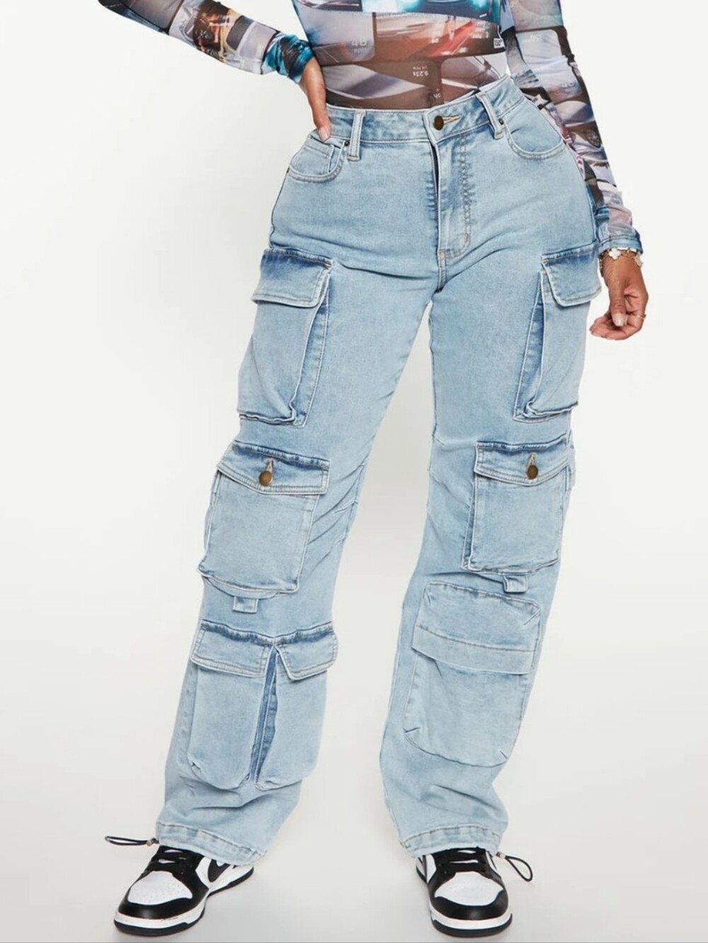 Fashion Nova High Rise Stretch Cargo Jeans-Light Wash